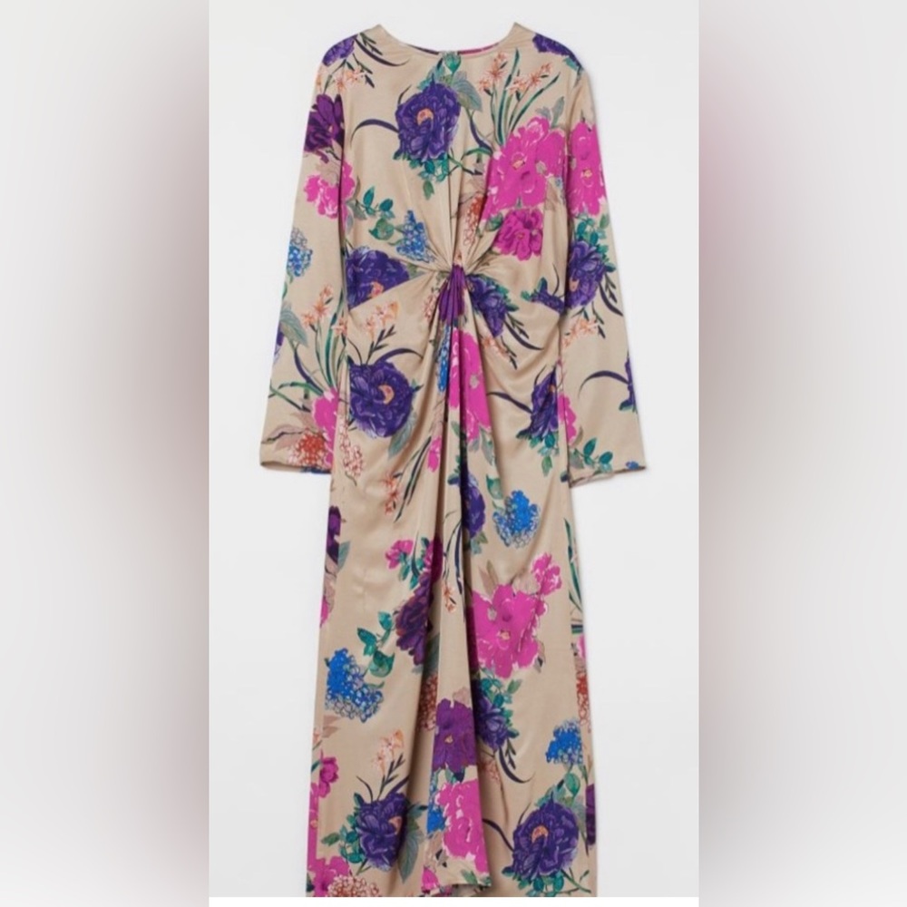 H&M Floral Maxi Boho Dress Cream Pink Long Sleeve Size L NWT